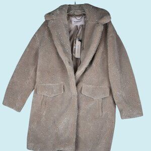 BCBGeneration Coat Women's XS Brown Faux Fur Teddy Sparkle Midi Outerwear NWT